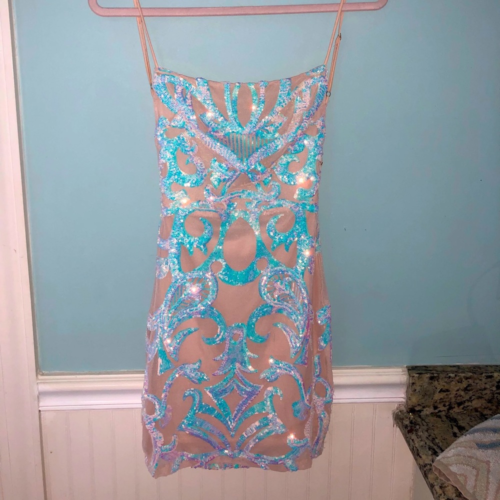 Lucy in the Sky starstruck strappy dress in nude